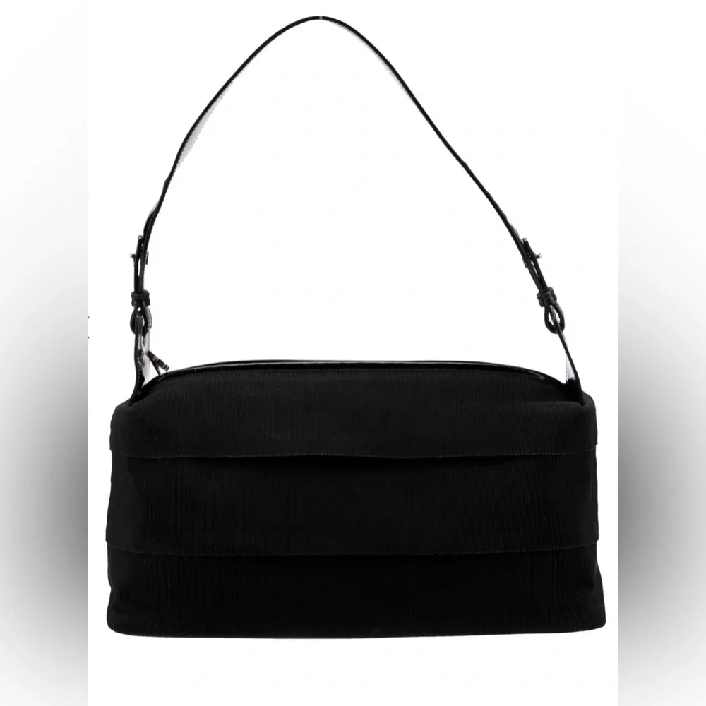 SOLD……..Salvatore Ferragamo Small Black Canvas Patent Leather Shoulder Bag VGUC - Picture 1 of 11